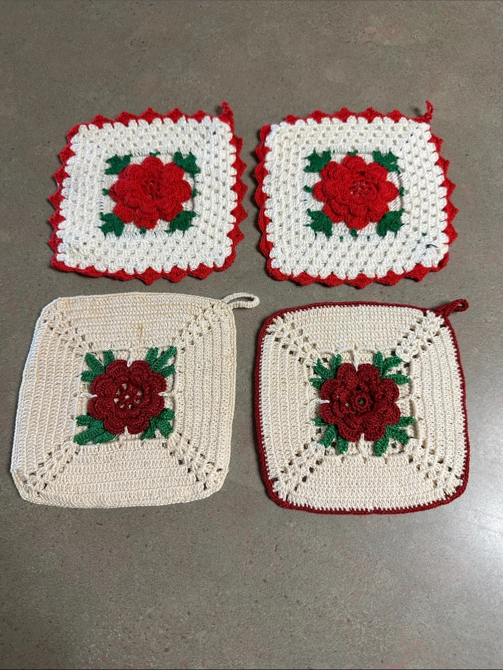 Vintage 4-Piece Handmade Crochet Potholder Set 3D Red Roses Granny Square